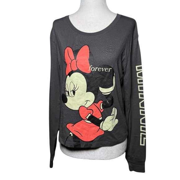 NEW Disney Minnie Mouse Graphic Tee Womens M Grey Asphalt Sleeve Spellout Shirt - Picture 2 of 9